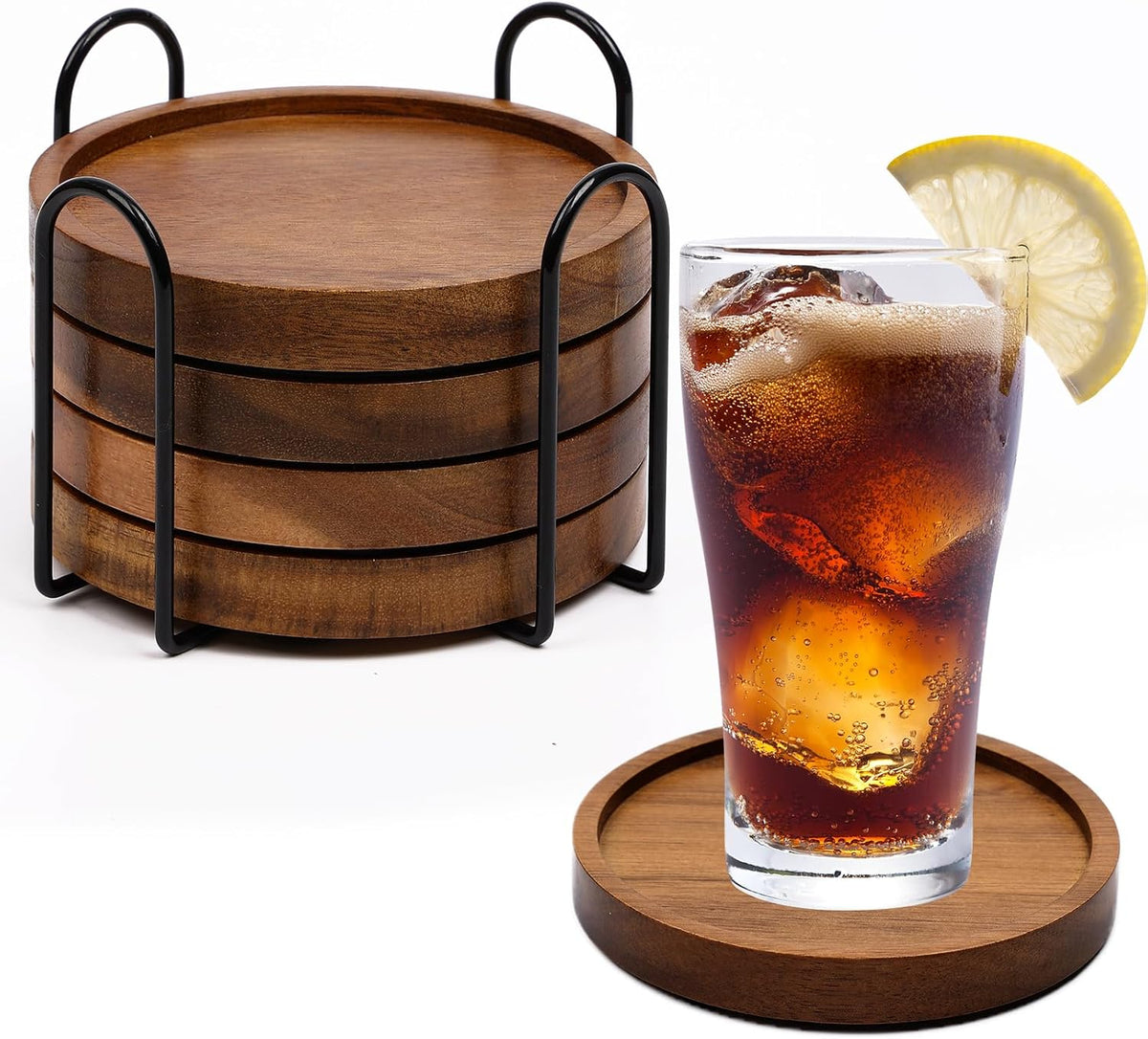 4 Pcs Acacia Coasters for Drinks Absorbent, Wood Coasters with Holder, Drink Coasters for Coffee Table, Absorbent Coaster Set for Table Protection Drink Coasters for Farmhouse, Office, Bar