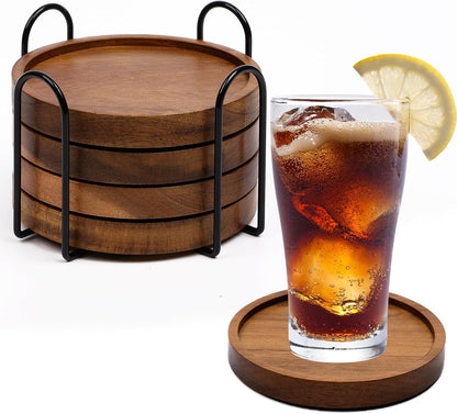 4 Pcs Acacia Coasters for Drinks Absorbent, Wood Coasters with Holder, Drink Coasters for Coffee Table, Absorbent Coaster Set for Table Protection Drink Coasters for Farmhouse, Office, Bar
