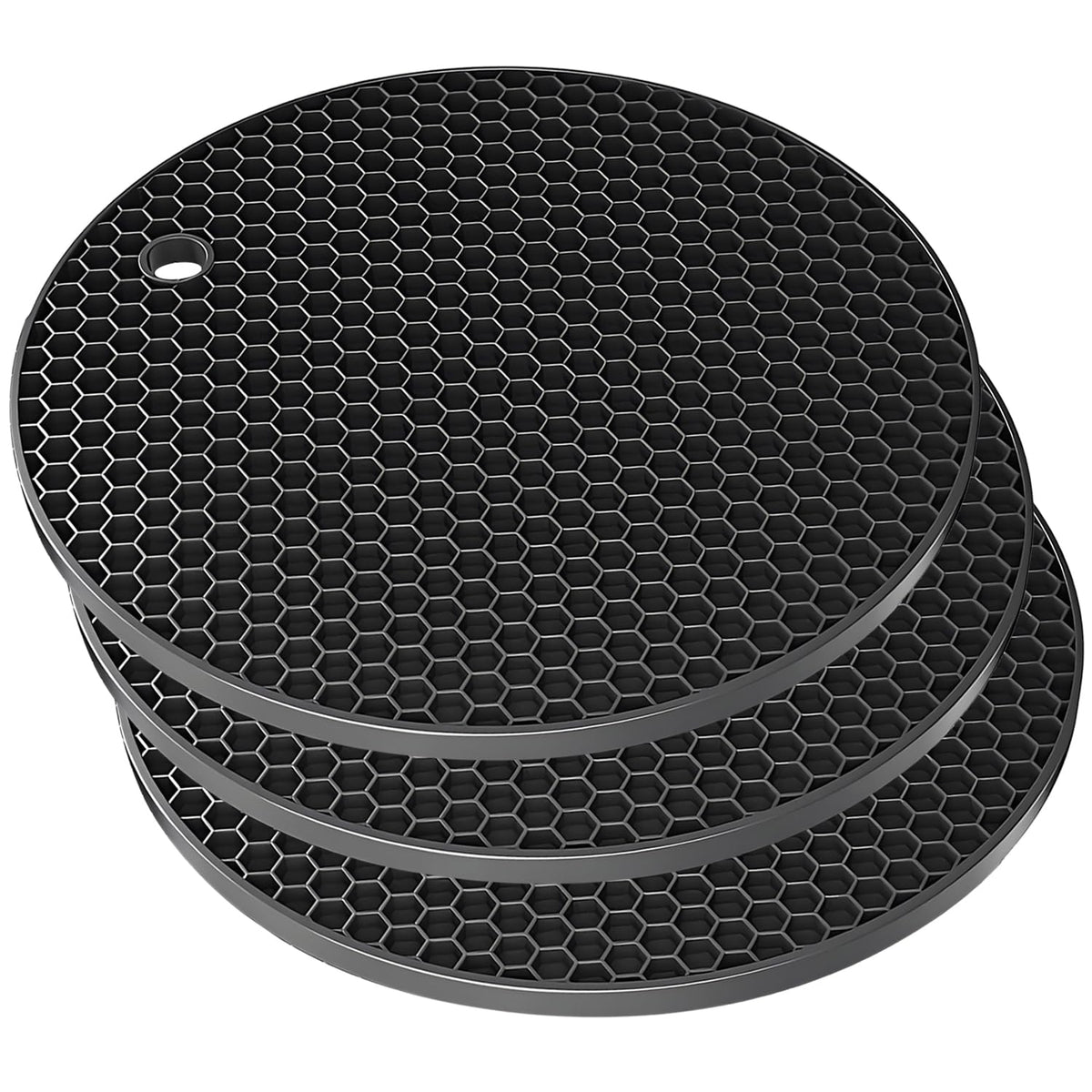 TENOC Silicone Non-Slip, Heat Resistant & Water-Trapping Trivet Mats for Water Glasses & Teacup & Coffee Cup & Dishes & Cookware, Multipurpose Kitchen Table Coaster, 3.5-Inch, 3 Pcs, Black