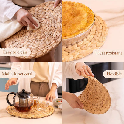 6 Pack, Round Woven Placemats, Natural Water Hyacinth Wicker Place mats, Braided Straw Table Mats, Charger Plates for Dining Table, Fall, Thanksgiving, Christmas (13.8 inch)