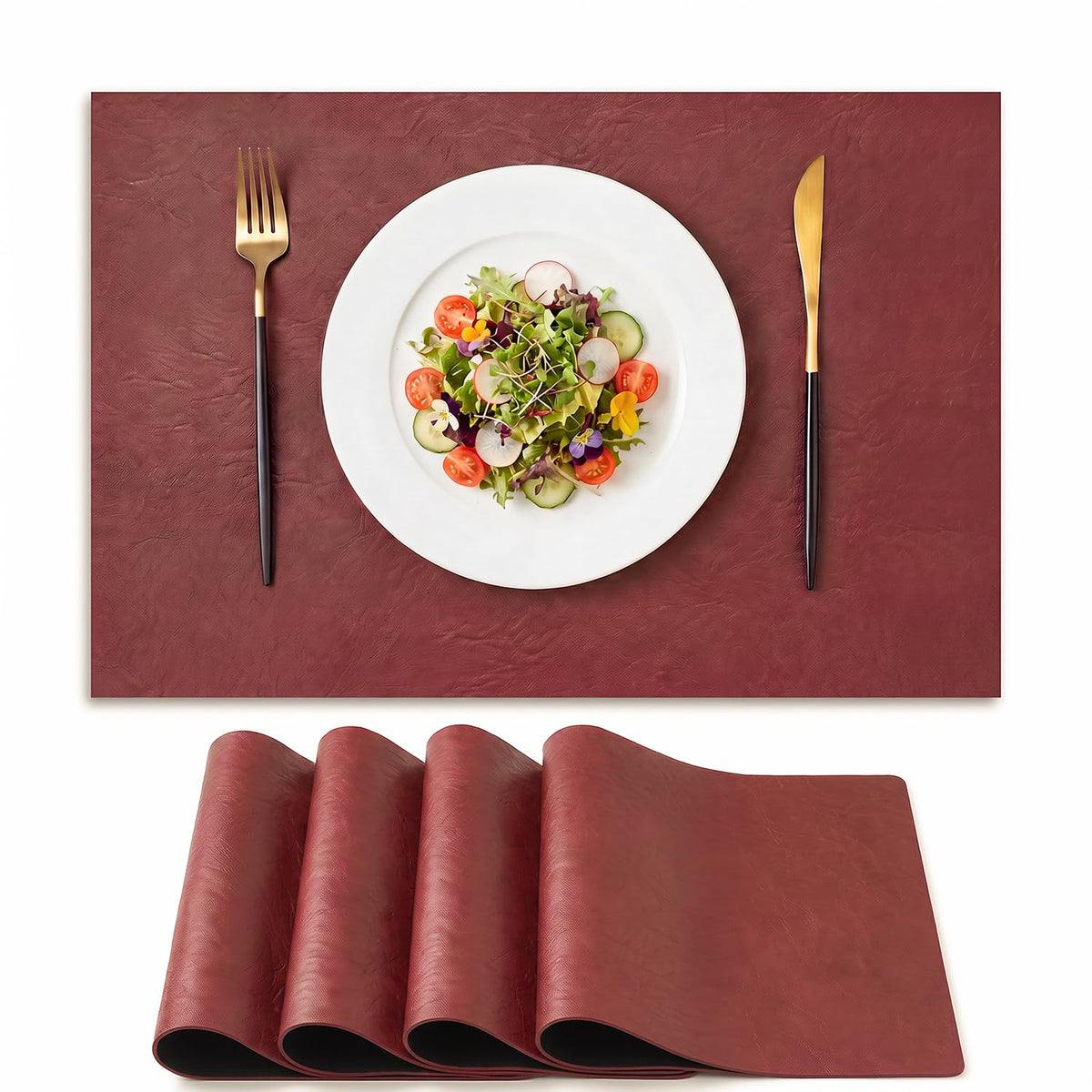 Artoid Mode Olive Green Faux Leather Placemats Set of 6, 15 Inch Waterproof Wipeable Heat Resistant Vinyl Place Mats, Reversible Table Mats for Kitchen Dining Decor