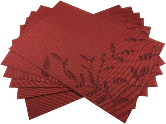 Place Mats PVC Set of 6, Table Placemats Set of 6 PVC Table Mats Natural Color (6 pcs, Red Leaves)