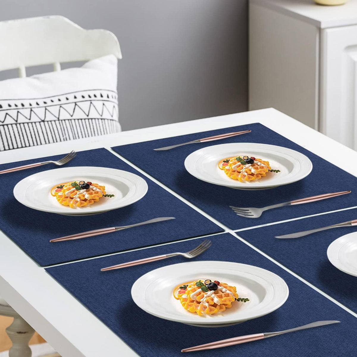 Cloth Placemats Set of 6, Cotton Linen Blend Machine Washable Durable Linen Table Mats, Heat Resistant Placemats Wrinkle Free Place Mats for Dining Table, Easy to Clean (Navy Blue, 6)