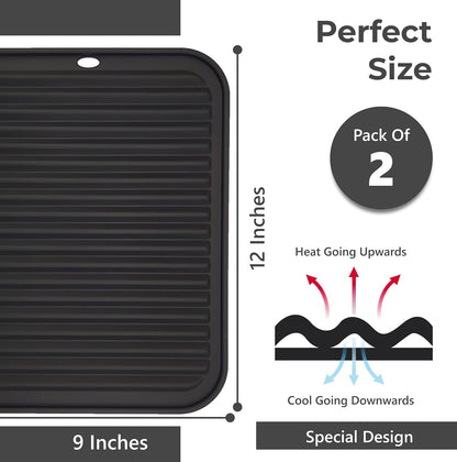 Silicone Trivets for Hot Dishes, Pots, Pans (2 Pack) - Heat-Resistant Pot Holders for Kitchen Countertop Mats - Silicone Trivet Mat (9 x 12 Inch) - Multipurpose Counter Pads (Black)