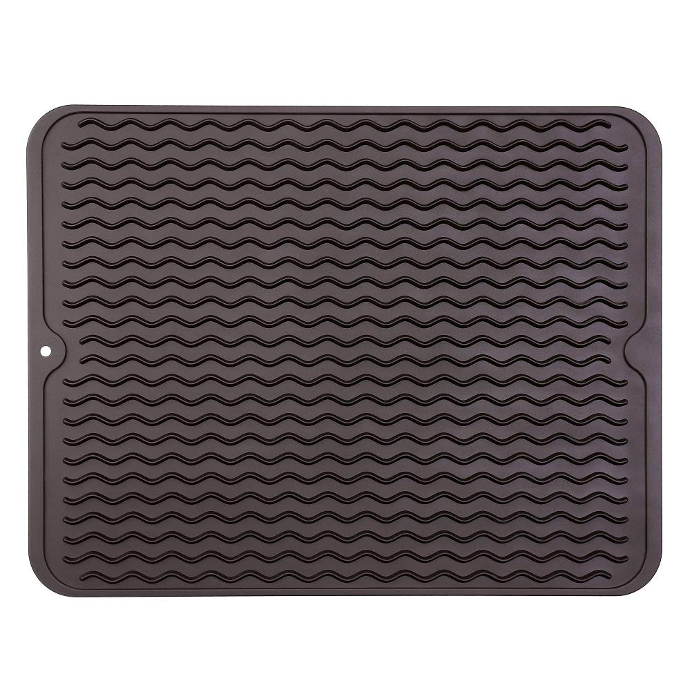 MicoYang Silicone Dish Drying Mat — Quick-Dry Ridges Counter & Sink Pad, Heat-Resistant Trivet to 450°F, Non-Slip & Dishwasher Safe, Roll-Up Storage, 18 Colors & 9 Sizes (Black, 16"×12")