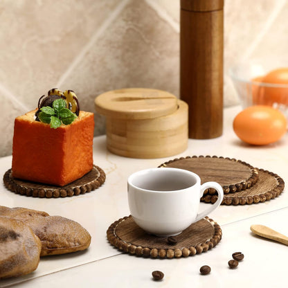 Honeydak 4 Pcs Wooden Coasters Set Round Beaded Coaster 4.7in, Dark Brown