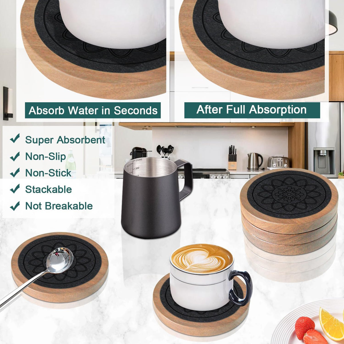 Wood Coasters for Drinks, Minacun Absorbent Coaster Sets of 5, Drinks Coasters for Coffee Tabletop Protection, Non-Slip, Non-Stick, Suitable for Kinds of Cups Wooden Table Drink, 4.3 Inches Black