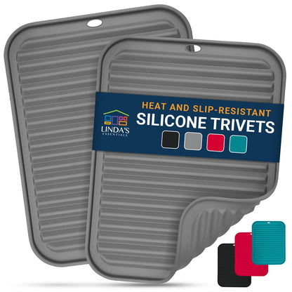 Silicone Trivets for Hot Dishes, Pots, Pans (2 Pack) - Heat-Resistant Pot Holders for Kitchen Countertop Mats - Silicone Trivet Mat (9 x 12 Inch) - Multipurpose Counter Pads (Black)