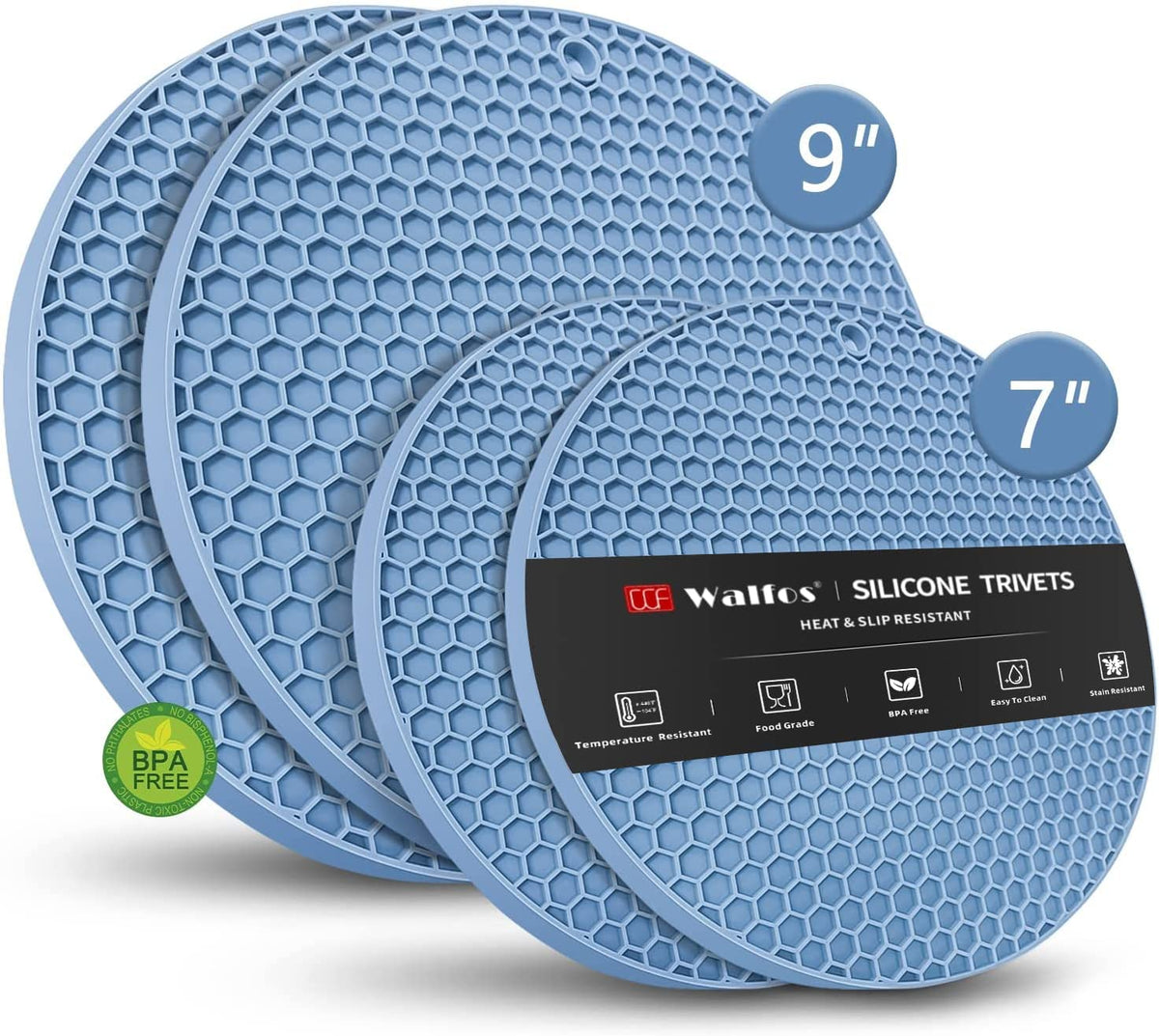 Walfos Silicone Trivets for Hot Pots and Pans - 446°F Heat Resistant Hot Pads for Kitchen Counter- 4 Pcs Multi-Purpose & Versatile Trivet Mat - Long-Lasting & Flexible Silicone Hot Pad（Black）