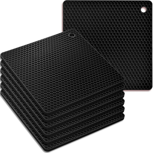 homEdge Silicone Square Trivets Mat, 6 Packs Multipurpose Non Slip Heat Resistant Pot Holder-Black