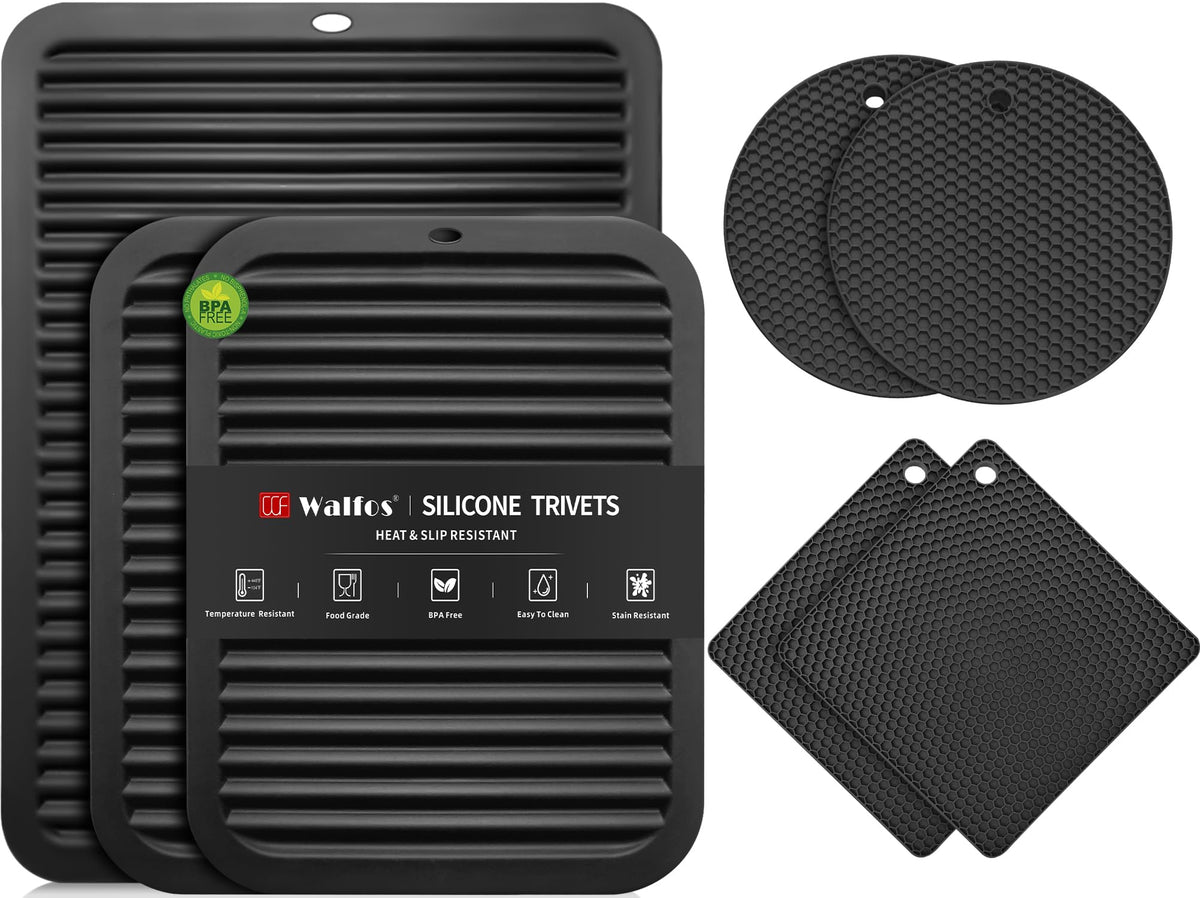 Walfos Silicone Trivets for Hot Pots and Pans - 446°F Heat Resistant Hot Pads for Kitchen Counter- 4 Pcs Multi-Purpose & Versatile Trivet Mat - Long-Lasting & Flexible Silicone Hot Pad（Black）