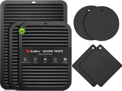 Walfos Silicone Trivets for Hot Pots and Pans - 446°F Heat Resistant Hot Pads for Kitchen Counter- 4 Pcs Multi-Purpose & Versatile Trivet Mat - Long-Lasting & Flexible Silicone Hot Pad（Black）