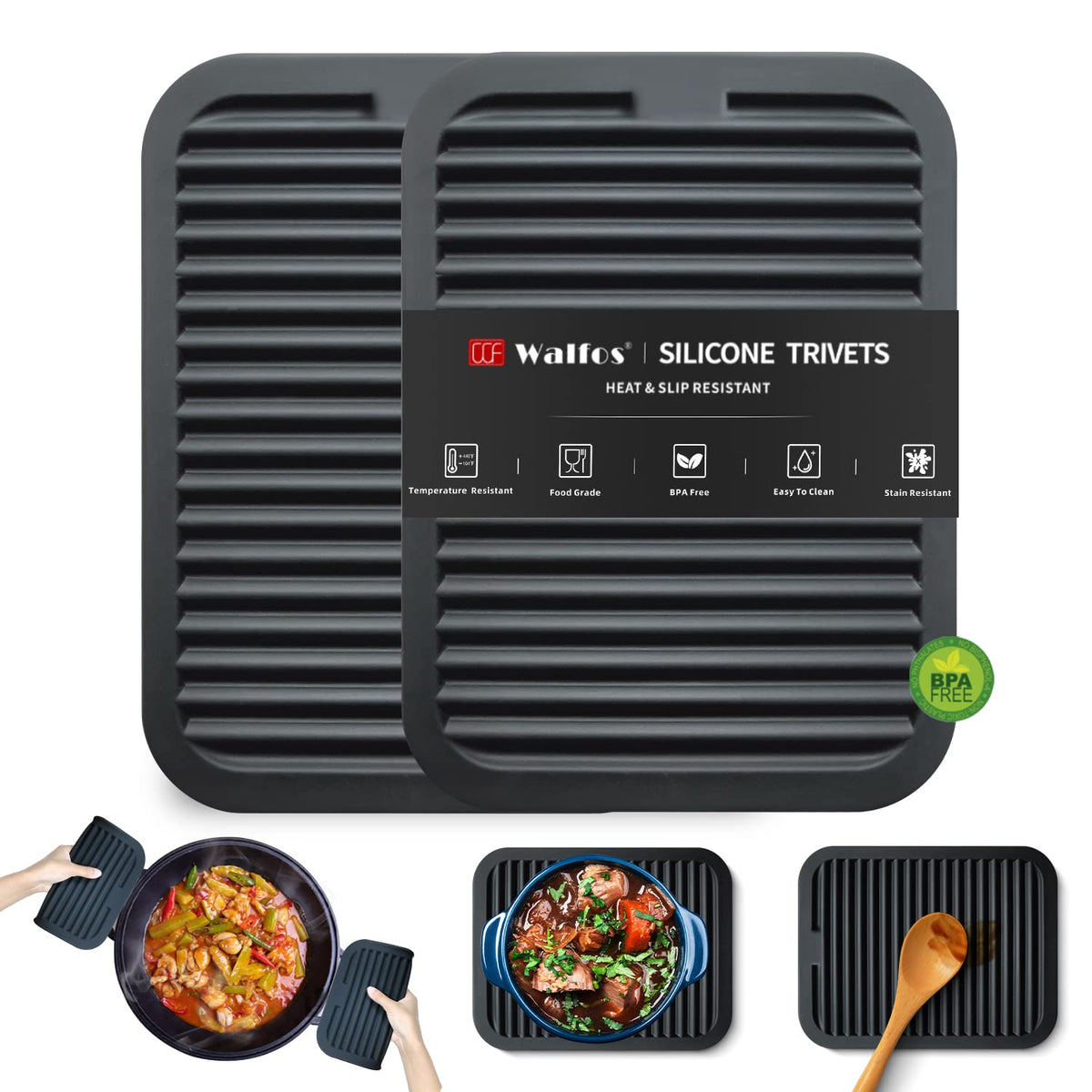 Walfos Large Silicone Trivet 16x12 Inch, Trivets for Hot Pots and Pans, Heat Resistant Pot Holders Hot Pads for Kitchen Quartz Countertops, Hot Dishes, 2 Pack