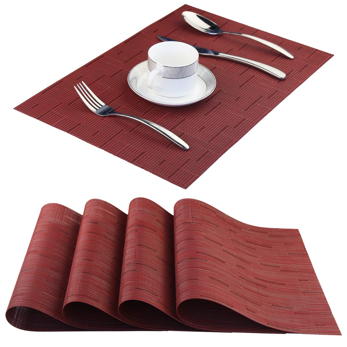 Vinyl Placemats Heat-Resistant Table Mats Washable Easy Clean Plastic Placemats for Dining Table Set of 4 (Red)