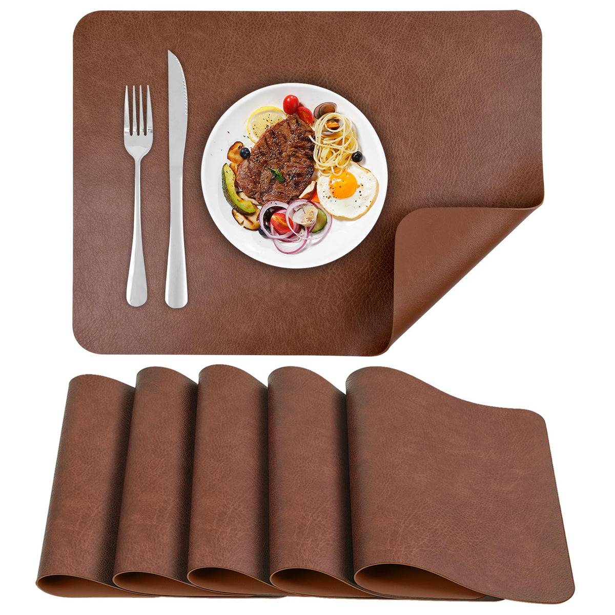 PU Placemats for Dining Table Set of 6, Heat Resistant Leather Placemat, Waterproof Table Mats Easy to Clean for Kitchen Dining Room Coffee Office Table,43 * 30cm,Black/Brown