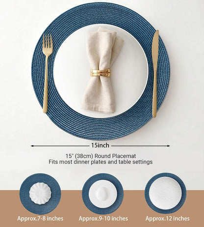 FunWheat Round Braided Placemats Set of 6 Table Mats for Dining Tables Woven Washable Non-Slip Place mats 15 in(Blue, 6pcs)