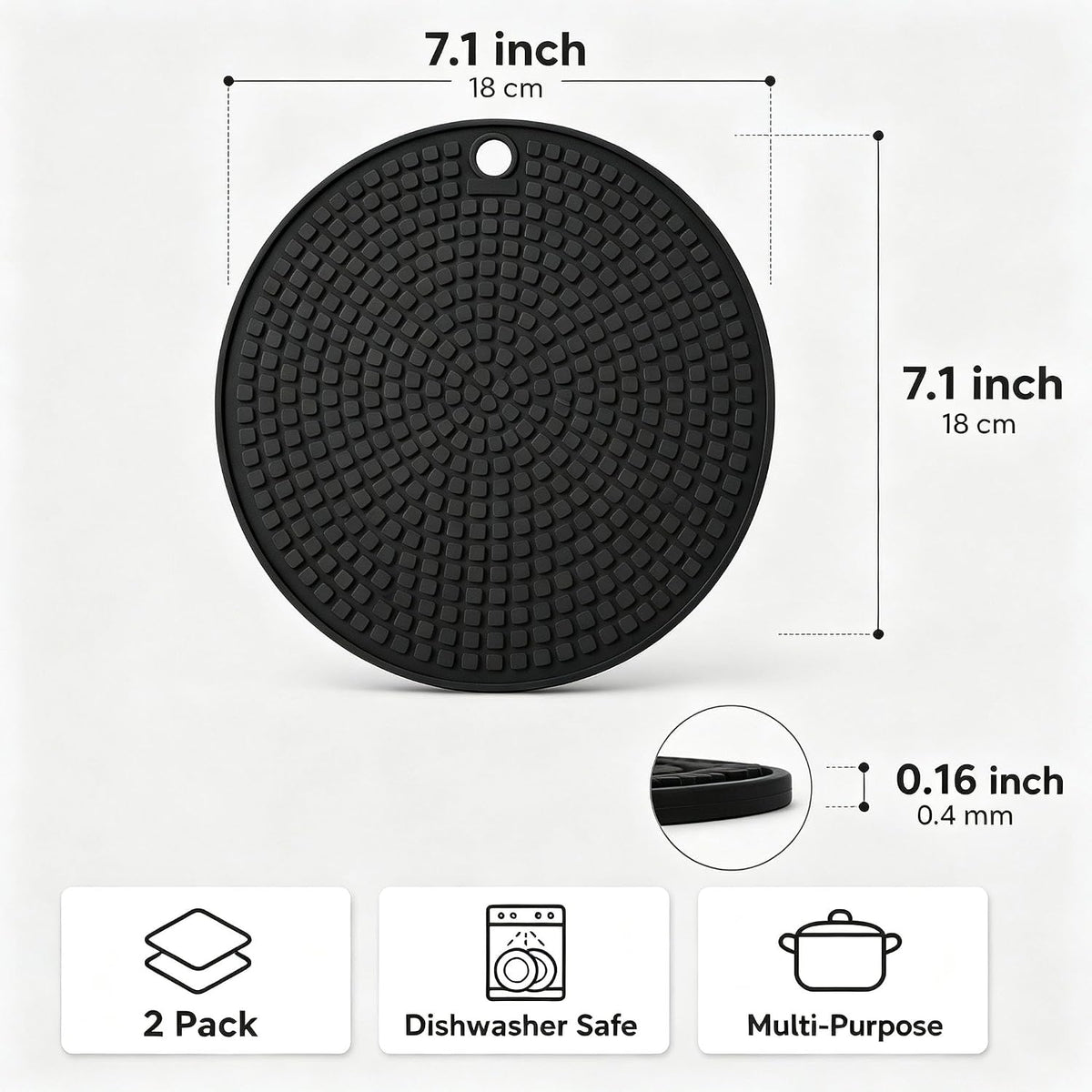 2‑Pack Round Silicone Trivets, 7.1 Inch, Heat‑Resistant (Black)