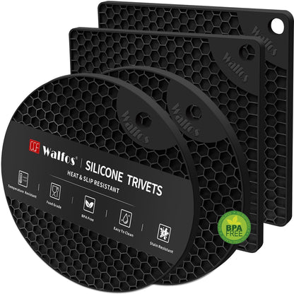 Walfos Silicone Trivets for Hot Pots and Pans - 446°F Heat Resistant Hot Pads for Kitchen Counter- 4 Pcs Multi-Purpose & Versatile Trivet Mat - Long-Lasting & Flexible Silicone Hot Pad（Black）