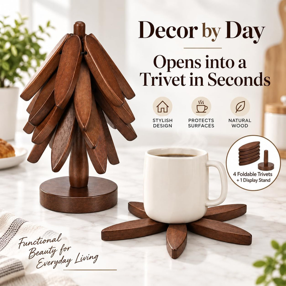 Wooden Trivet Tree for Hot Dishes, 4 Coasters with Holder, Walnut Finish