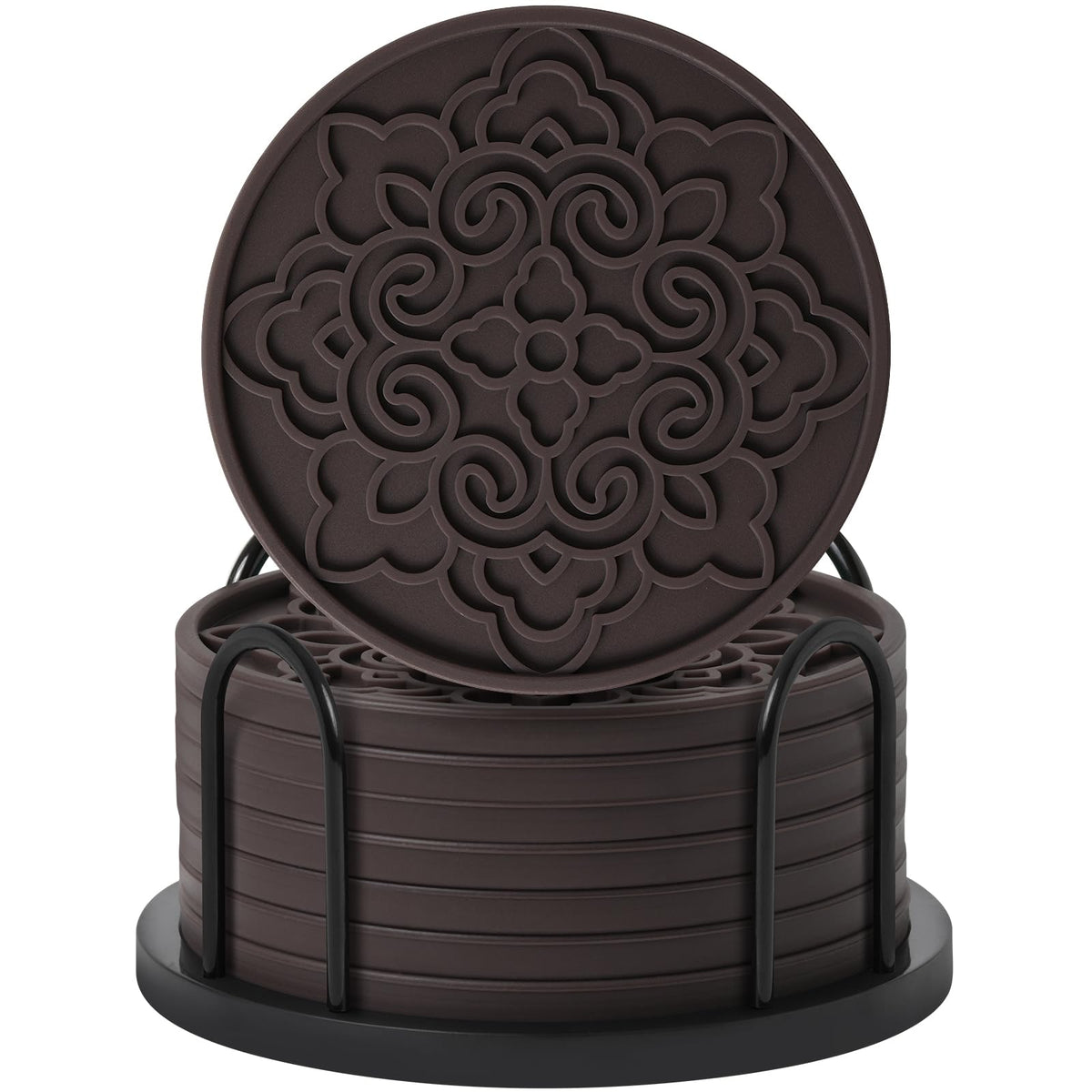 8 Pack 4 Inch Silicone Coasters Set with Holder,Non-Slip, Suitable for Dining Tables, Kitchens, Offices, Bars,Outdoor Camping.Protect Furniture from Water Stains and Heat Damage(8, Black)