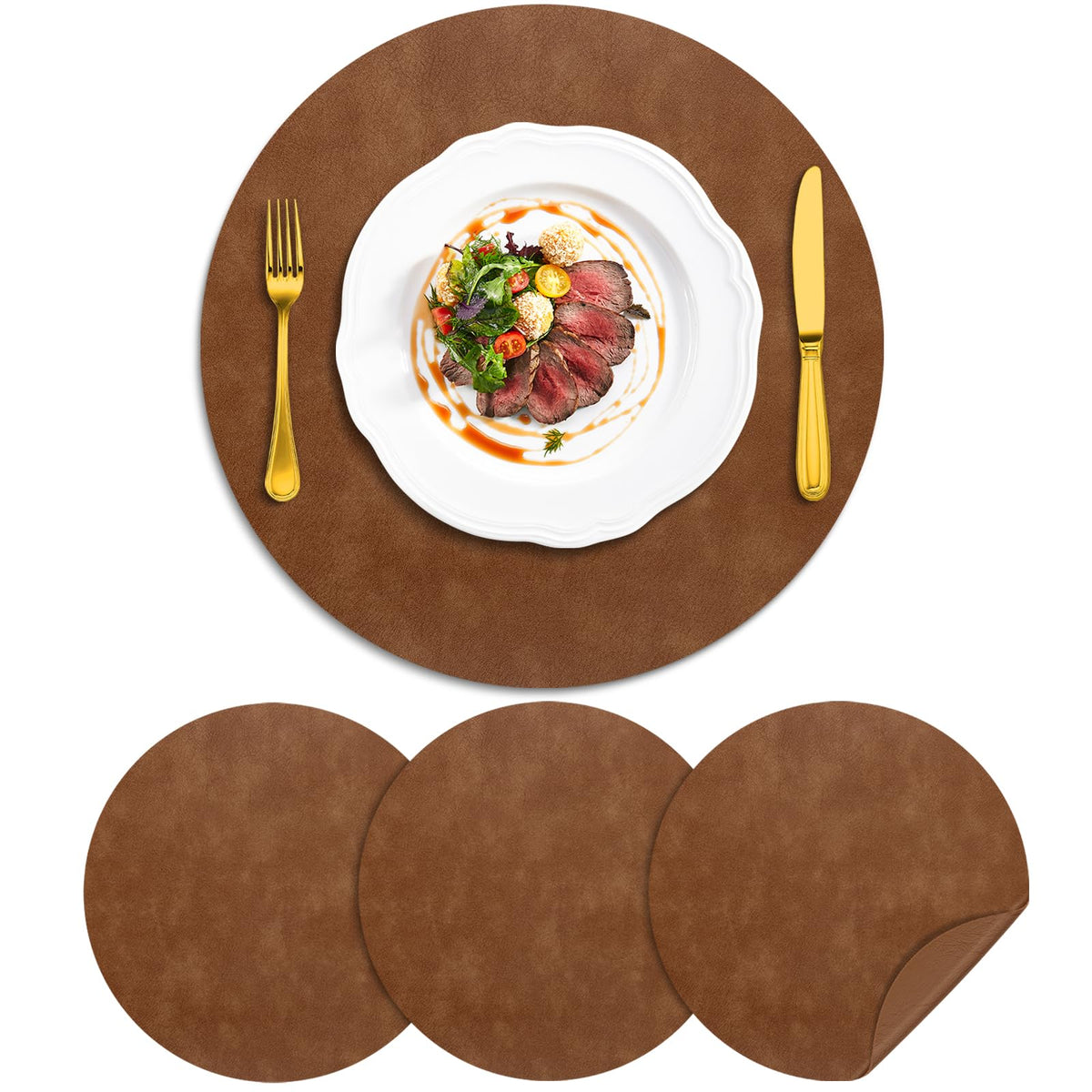 ADRIMER Faux Leather Placemats Set of 6, Heat Resistant 13"x13", Walnut
