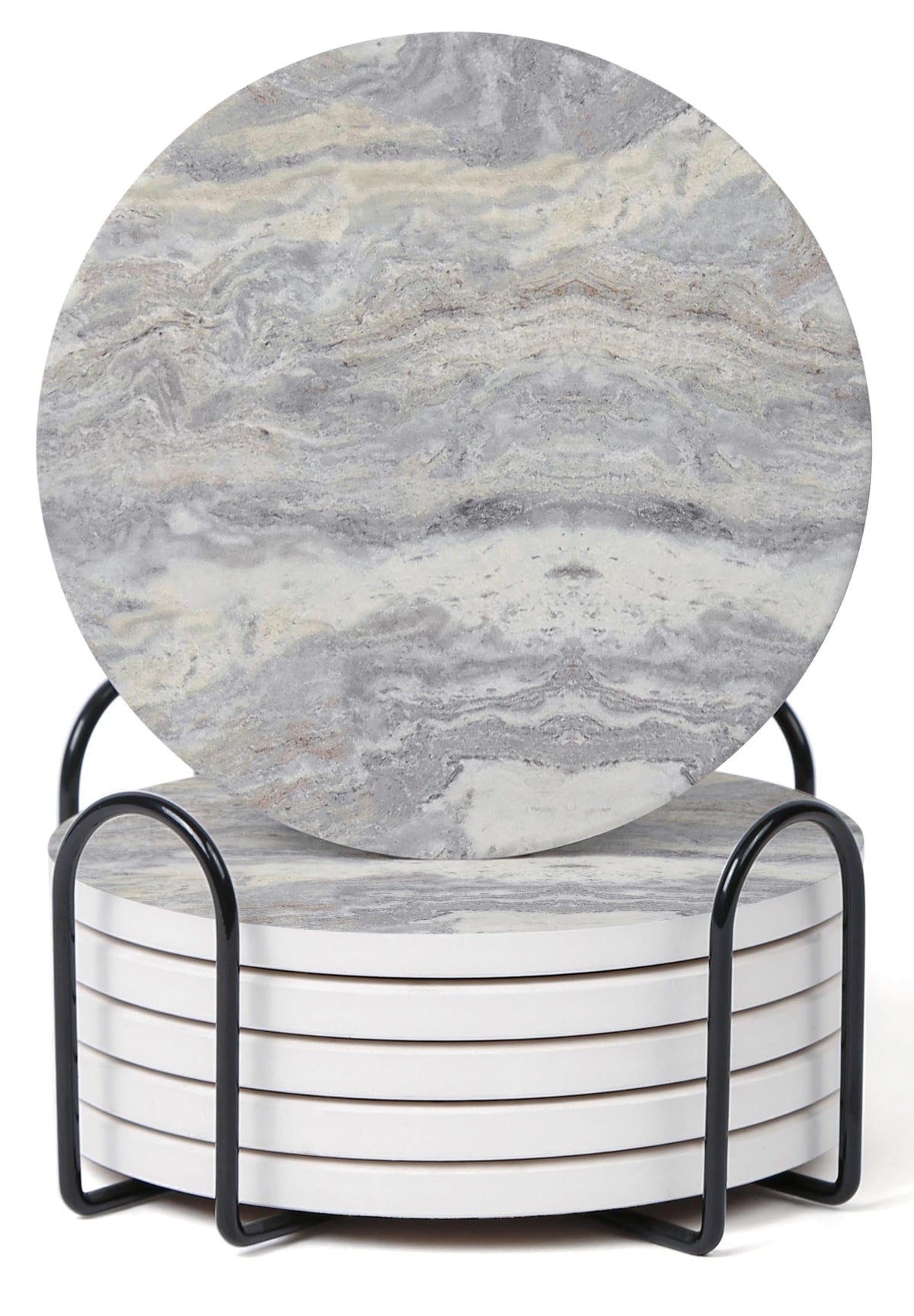Set of 6 Sage Green Abstract Onyx Marble Coasters with Holder, Absorbent Ceramic Coasters for Drinks, Coasters with Cork Backing for Table Protection, Coffee Table Decor