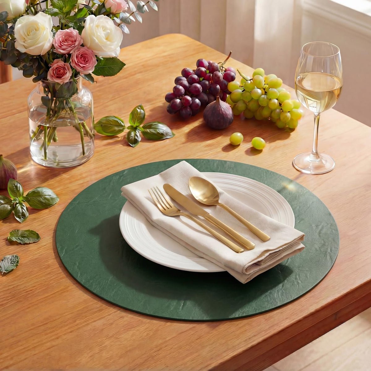 Artoid Mode Olive Green Faux Leather Placemats Set of 6, 15 Inch Waterproof Wipeable Heat Resistant Vinyl Place Mats, Reversible Table Mats for Kitchen Dining Decor