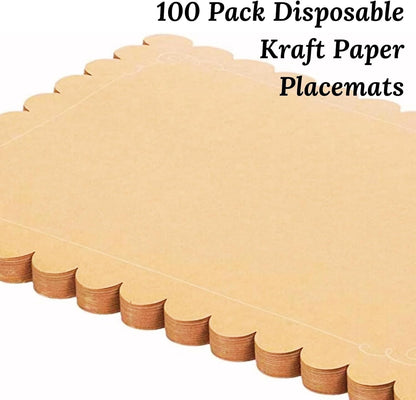 Ur- Way Kraft Paper Placemats 100 Pack: 10 x 14 inch Light Brown Scalloped Edged Disposable Kraft Paper Place Mats for Dining - Perfect for Rustic Farmhouse, Wedding, or Holiday Table Decor