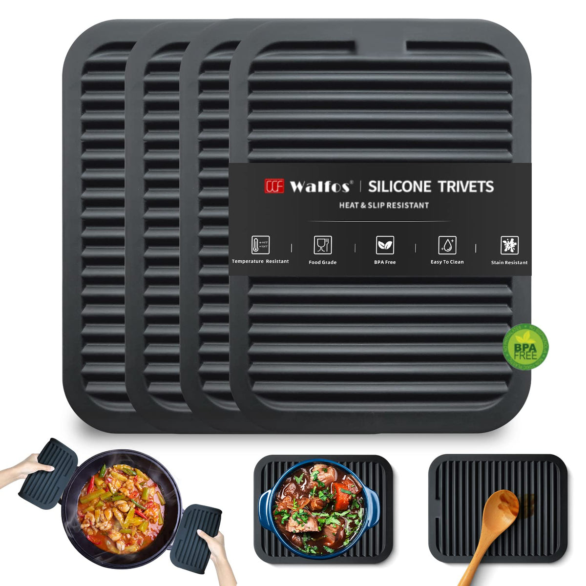 Walfos Silicone Trivets for Hot Pots and Pans - 446°F Heat Resistant Hot Pads for Kitchen Counter- 4 Pcs Multi-Purpose & Versatile Trivet Mat - Long-Lasting & Flexible Silicone Hot Pad（Black）