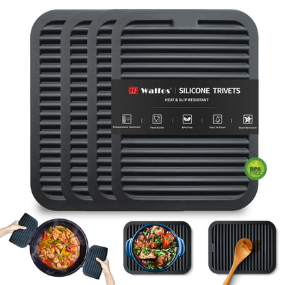 Walfos Silicone Trivets for Hot Pots and Pans - 446°F Heat Resistant Hot Pads for Kitchen Counter- 4 Pcs Multi-Purpose & Versatile Trivet Mat - Long-Lasting & Flexible Silicone Hot Pad（Black）