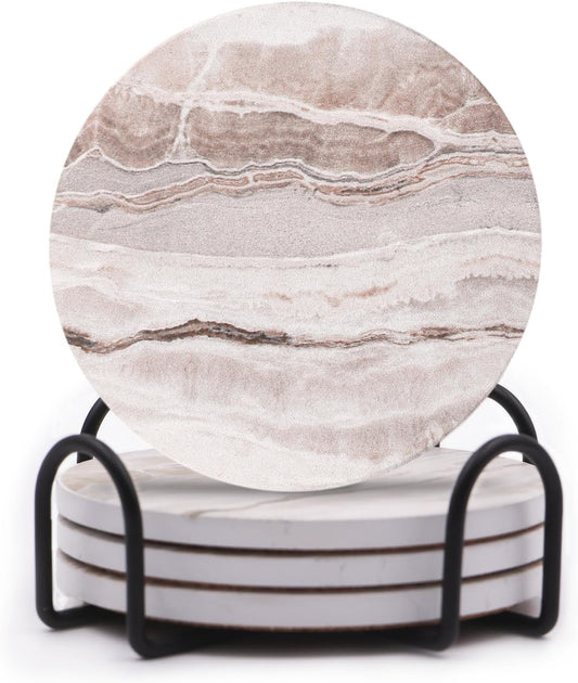 LIFVER Absorbent Coaster Sets of 4, Drink Coasters with Holder, Marble Style Ceramic Drink Coaster for Tabletop Protection, Suitable for Kinds of Cups, Wooden Table, Cool Home Decor, 4 Inches