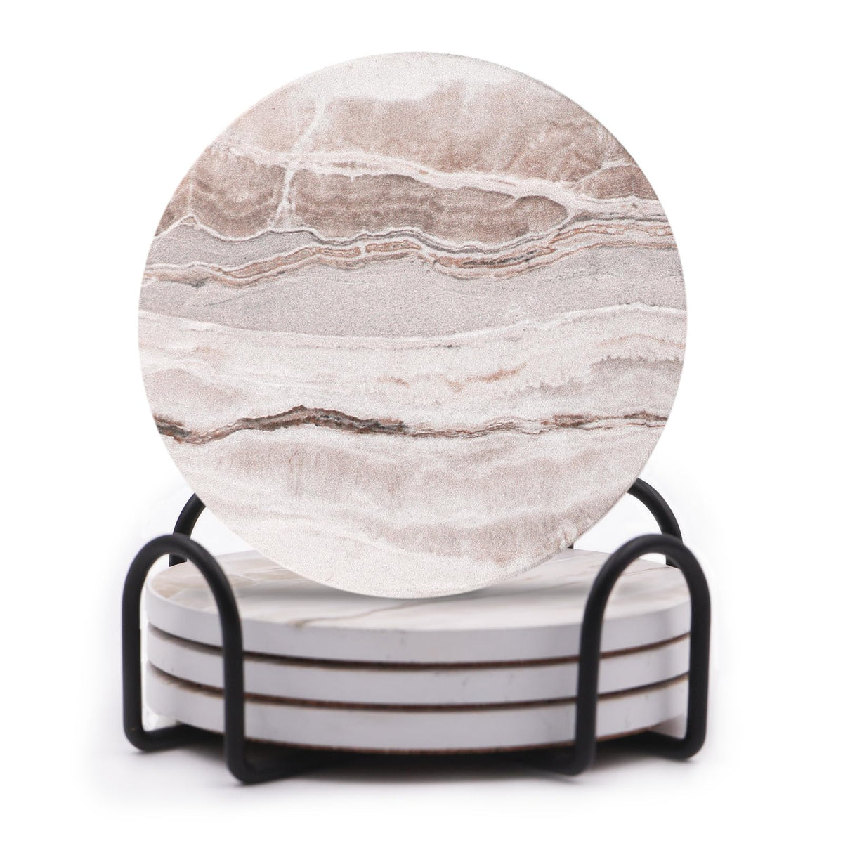 LIFVER Absorbent Coaster Sets of 4, Drink Coasters with Holder, White Marble Style Ceramic Drink Coaster for Tabletop Protection, Suitable for Kinds of Cups and Wooden Table, Cool Home Decor, 4 Inches