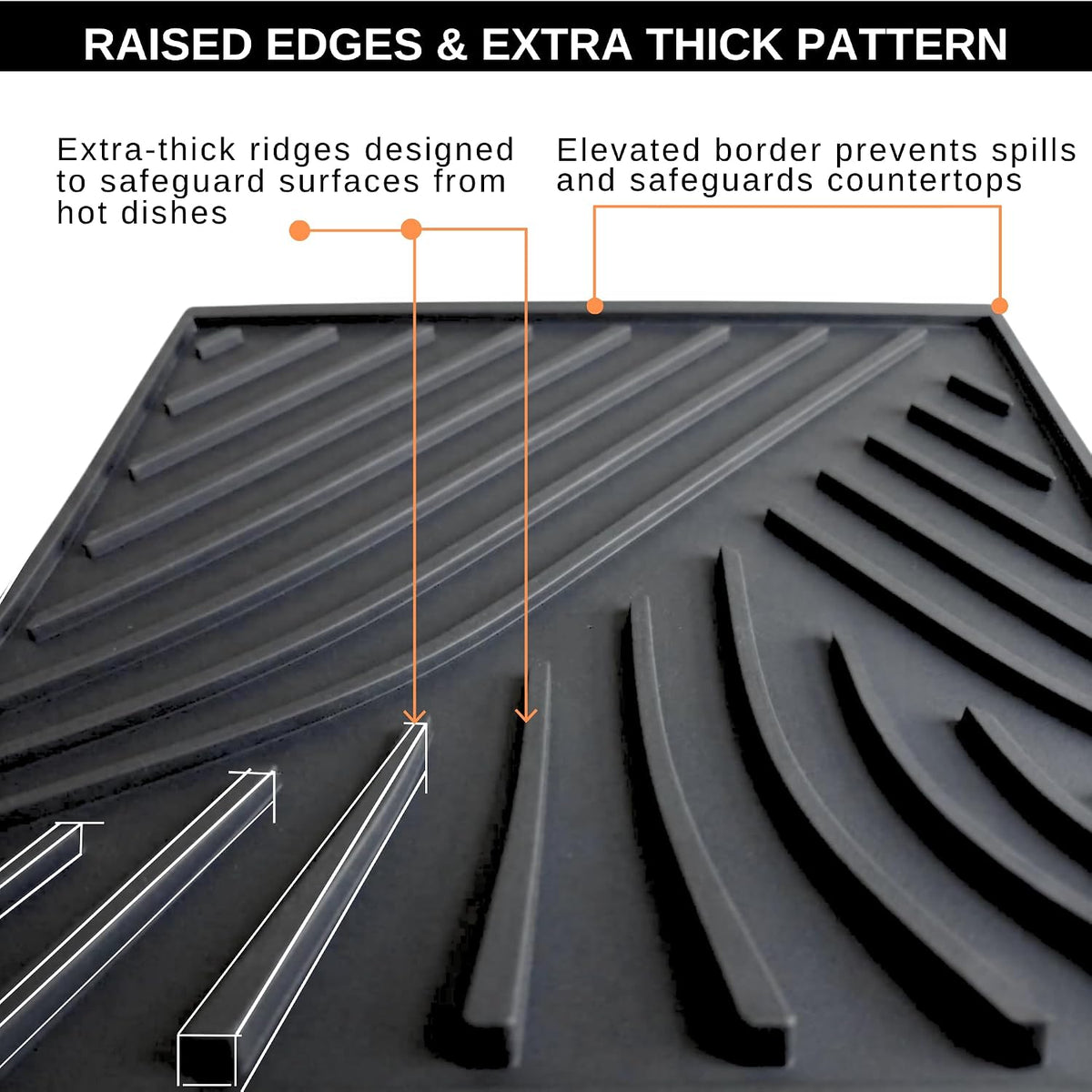 Large Silicone Trivet Mat 16 x 12in for hot pots and Pans - Non Slip & Heat Resistant Modern Kitchen Hot Pads for Table & Countertop - Trivet for Hot Dishes - Black