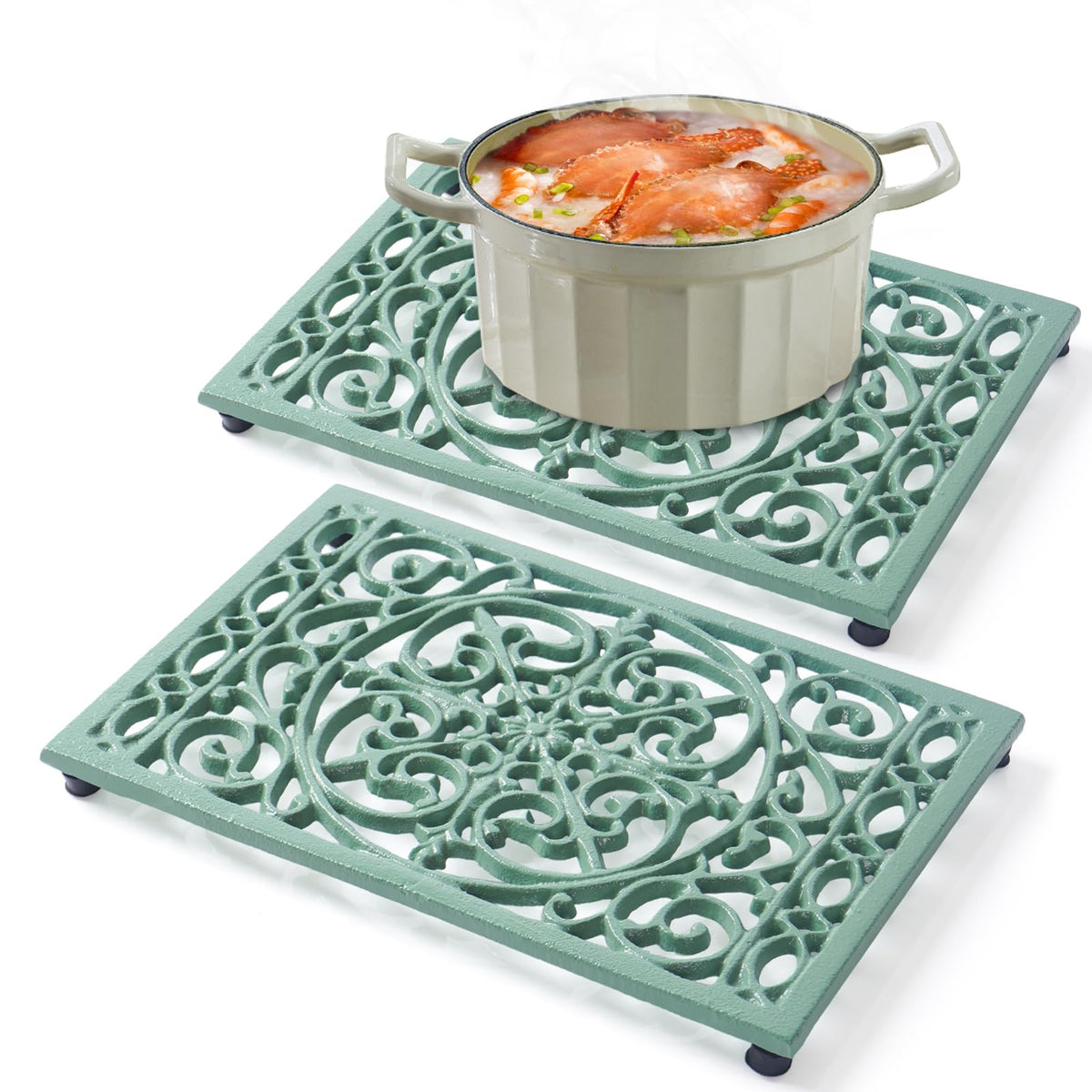 Notakia 9.6 x 6.3 Inch Cast Iron Trivet Set, Large Metal Trivets for Hot Dishes Pots Pans Decorative Kitchen Trivets, Heat-Resistant Trivet Mats for Quartz Countertops, Green Kitchen Accessories