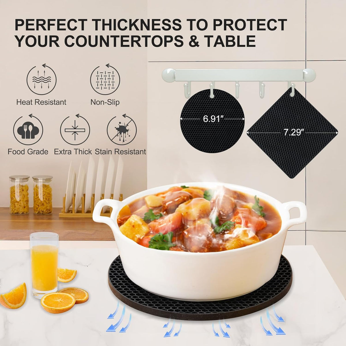 4 PCS Silicone Trivets for Hot Pots and Pans, Hot Dishers, Heat Resistant Pot Holders for Kitchen, Multipurpose Non-Slip Hot Pads Mats Coasters for Kitchen Countertop Protector, Table, Black