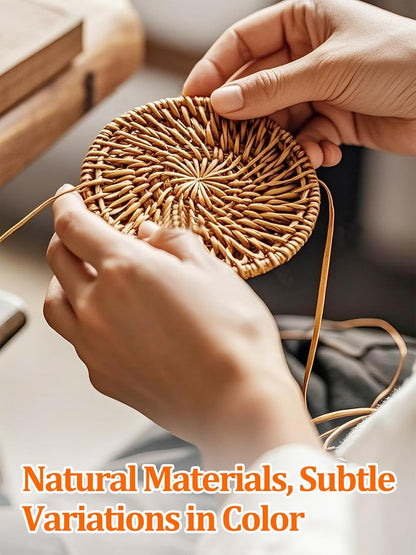 Handmade Nature Rattan Coasters Set of 6 with Holder, Fall Home Table Decor