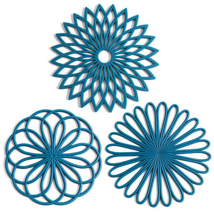 Set of 3 Silicone Trivet Mat - Non-Slip & Heat Resistant Modern Kitchen Hot Pads for Table & Countertop - Trivet for Hot Dishes, Turquoise