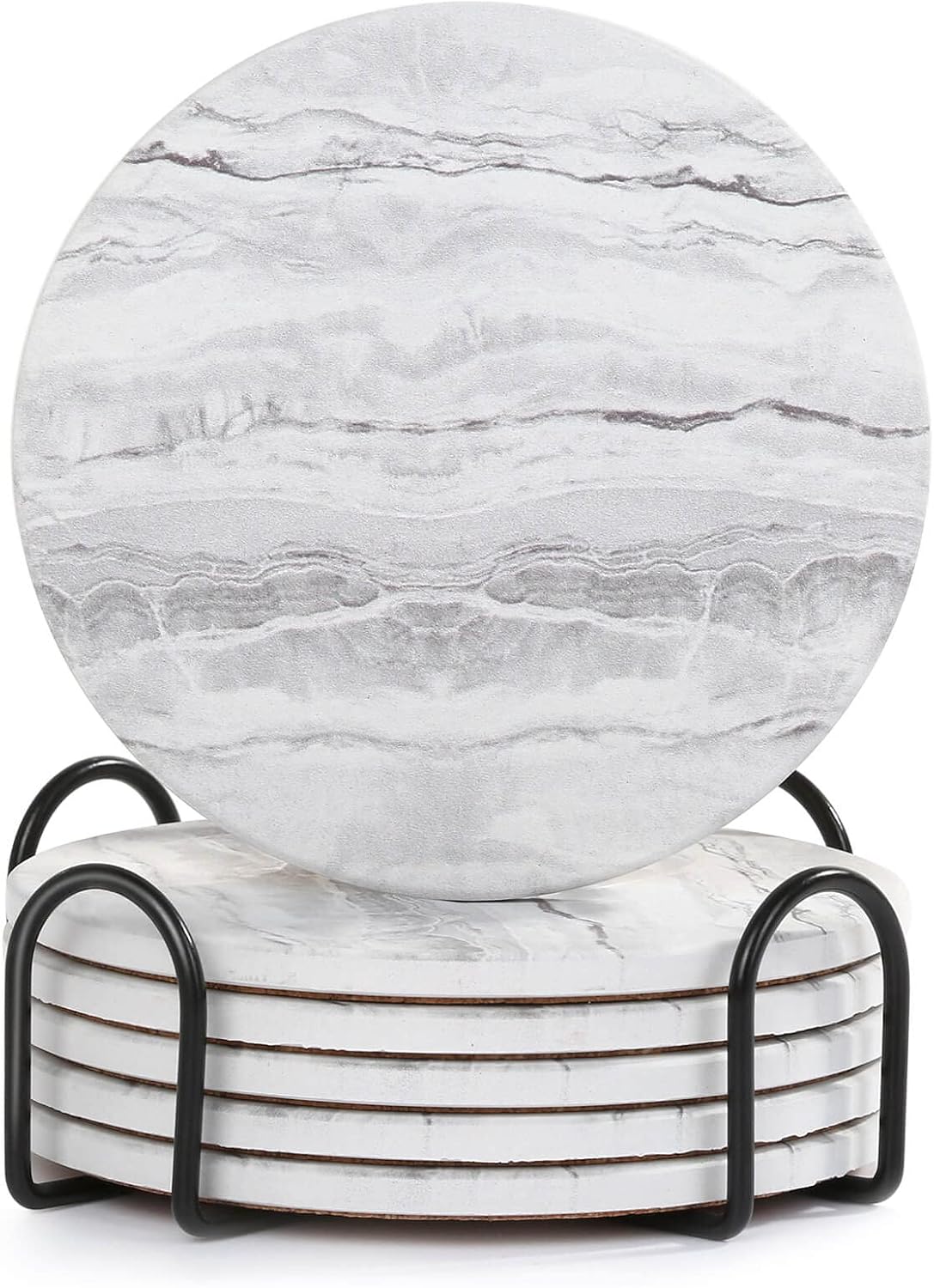 Acejoz Drink Coasters with Holder for Coffee Table, Absorbent Coaster Set of 6, Marble Style Ceramic Coaster for Wooden Table, Suitable for Kinds of Cups, Home Decor, 4 Inches