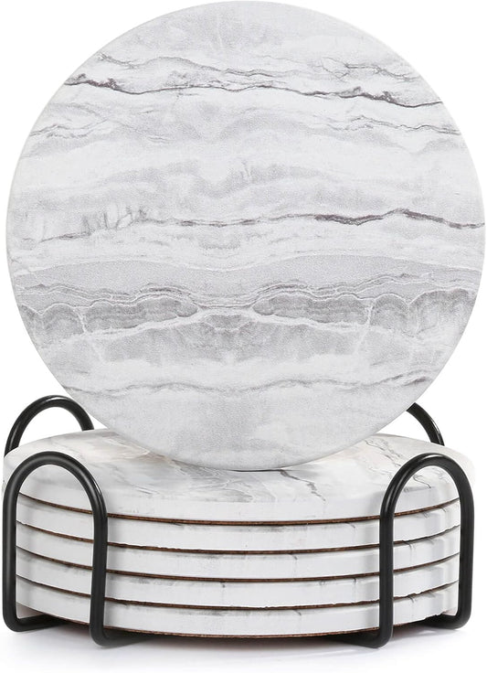Acejoz Drink Coasters with Holder for Coffee Table, Absorbent Coaster Set of 6, Marble Style Ceramic Coaster for Wooden Table, Suitable for Kinds of Cups, Home Decor, 4 Inches