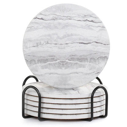 Acejoz Drink Coasters with Holder for Coffee Table, Absorbent Coaster Set of 6, Marble Style Ceramic Coaster for Wooden Table, Suitable for Kinds of Cups, Home Decor, 4 Inches