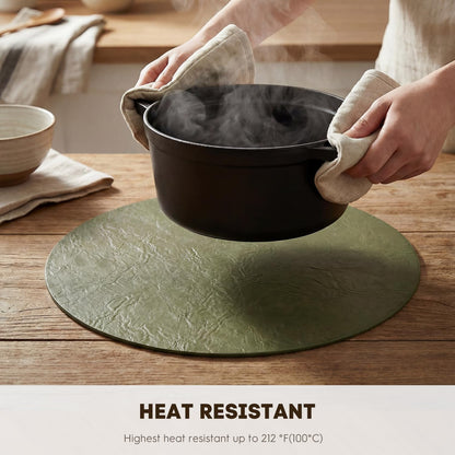Artoid Mode Olive Green Faux Leather Placemats Set of 6, 15 Inch Waterproof Wipeable Heat Resistant Vinyl Place Mats, Reversible Table Mats for Kitchen Dining Decor