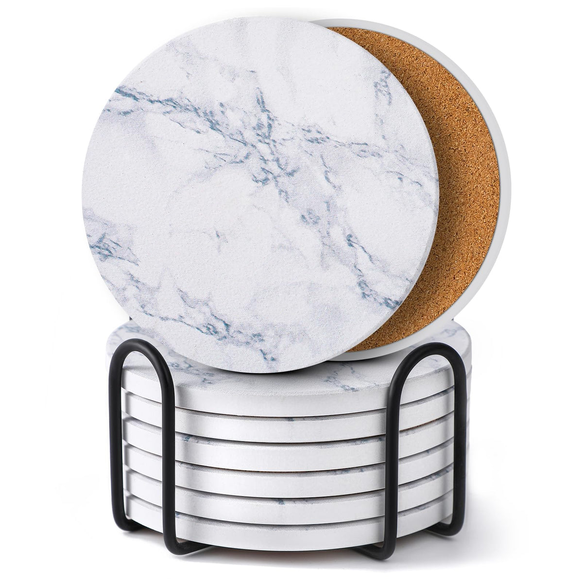 LlFVER Coasters Set of 8, Absorbent Drink Coaster with Holder, Marble Style Ceramic Stone Coasters for Drinks Coffee Tabletop Protection, Modern Furniture Coaster for Home Decor House Warming Gifts