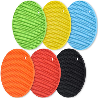 homEdge Silicone Round Trivets, 6 Pack Heat Resistant Non Slip Pot Holders-Black, 7x0.24x7 inches, Food Grade Silicone, Honeycomb Surface Design, Dishwasher Safe, Multipurpose Kitchen Utensil