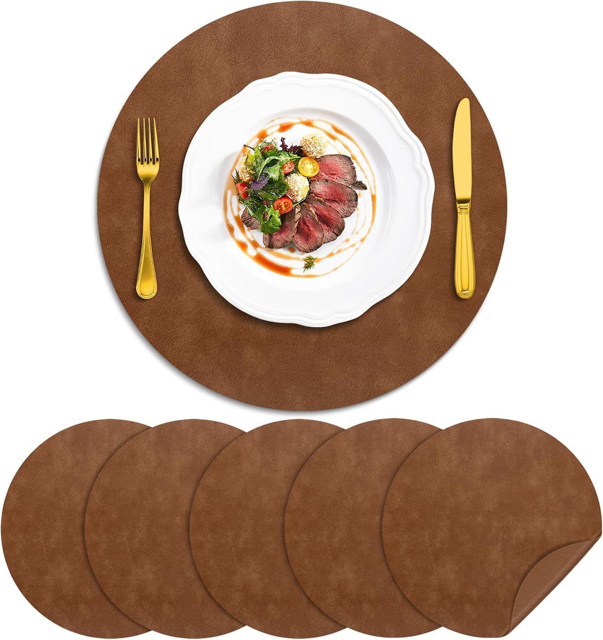 ADRIMER Faux Leather Placemats Set of 6, Heat Resistant 13"x13", Walnut