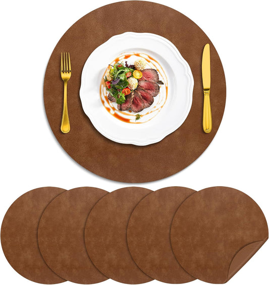 ADRIMER Faux Leather Placemats Set of 6, Heat Resistant 13"x13", Walnut