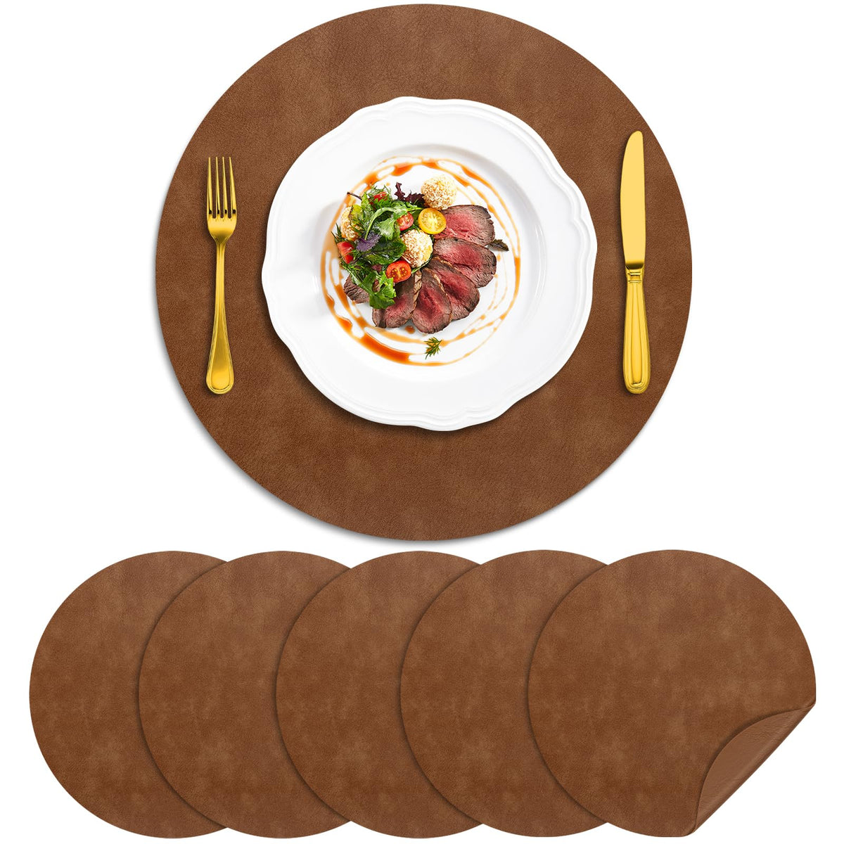ADRIMER Faux Leather Placemats Set of 6, Heat Resistant 13"x13", Walnut