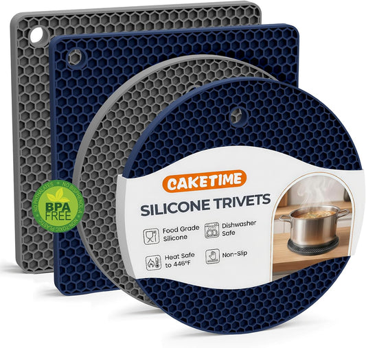 Silicone Trivets for Hot Dishes, 4-Pack Hot Pads for Kitchen Countertop Protector, Non-Slip Heat Resistant Mat for Hot Pots and Pans Food Grade Silicone Grey & Navy Blue