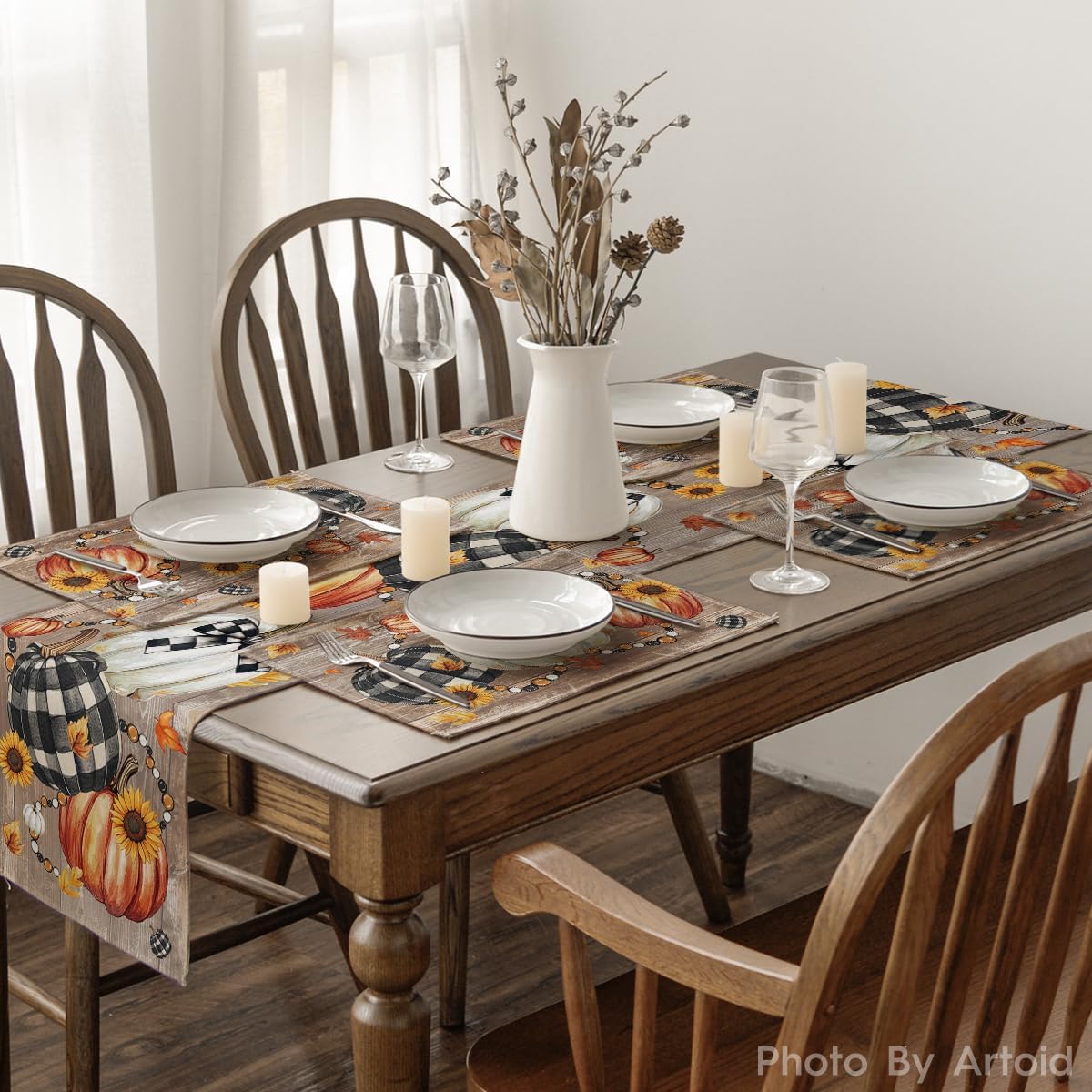 Artoid Mode Wood Pumpkins Sunflowers Fall Placemats Set of 4-12 x 18 Inch