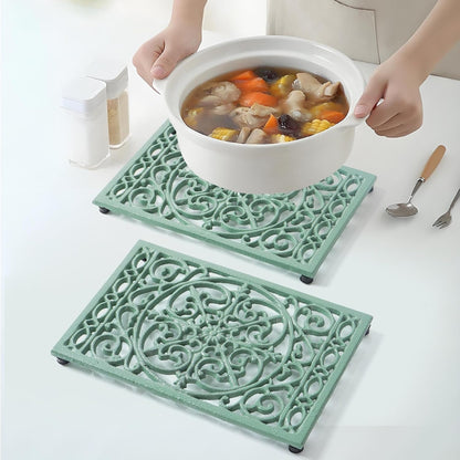 Notakia 9.6 x 6.3 Inch Cast Iron Trivet Set, Large Metal Trivets for Hot Dishes Pots Pans Decorative Kitchen Trivets, Heat-Resistant Trivet Mats for Quartz Countertops, Green Kitchen Accessories