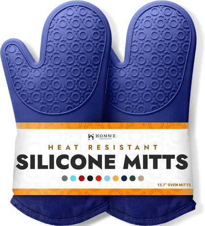 BPA-Free Soft Silicone 4 Piece Oven Mitts & Trivets Set - Ultra Heat Resistant Oven Mitts with Thick Cotton Liner - Long Slip Resistant Pot Holders, Flexible Oven Gloves - Black